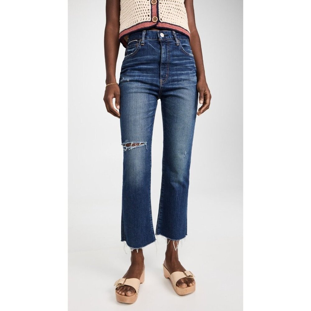 NWT Moussy Vintage Rhode in Dark Blue Distressed High Rise Crop Flare Jeans 27